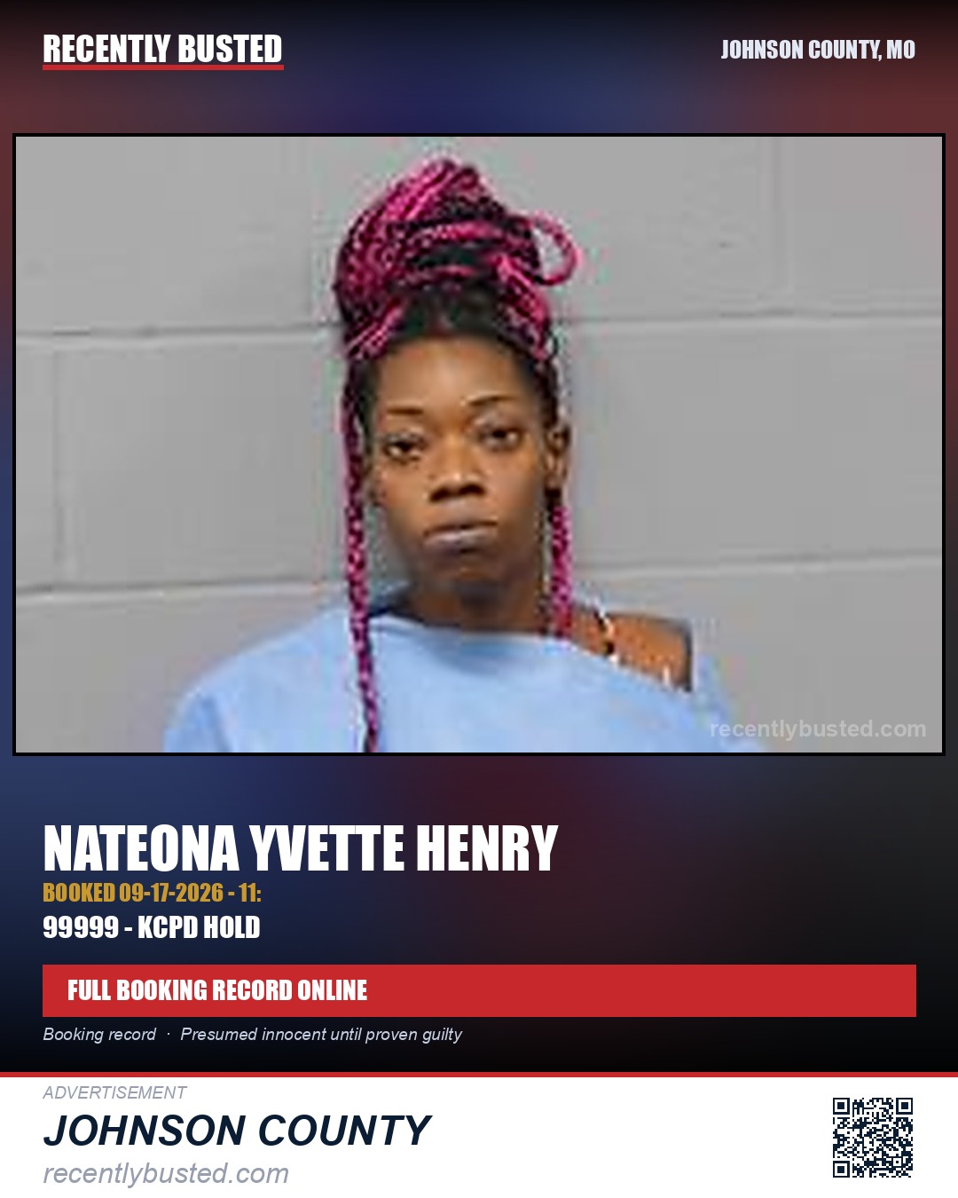 HENRY, NATEONA YVETTE — arrest record card, Johnson County, Missouri
