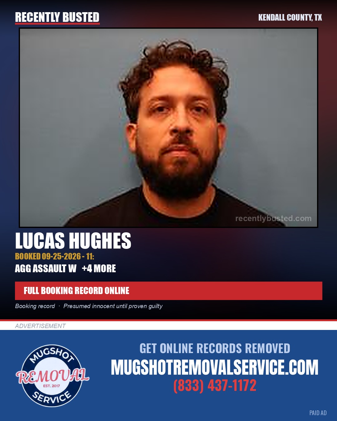 Hughes, Lucas — arrest record card, Kendall County, Texas