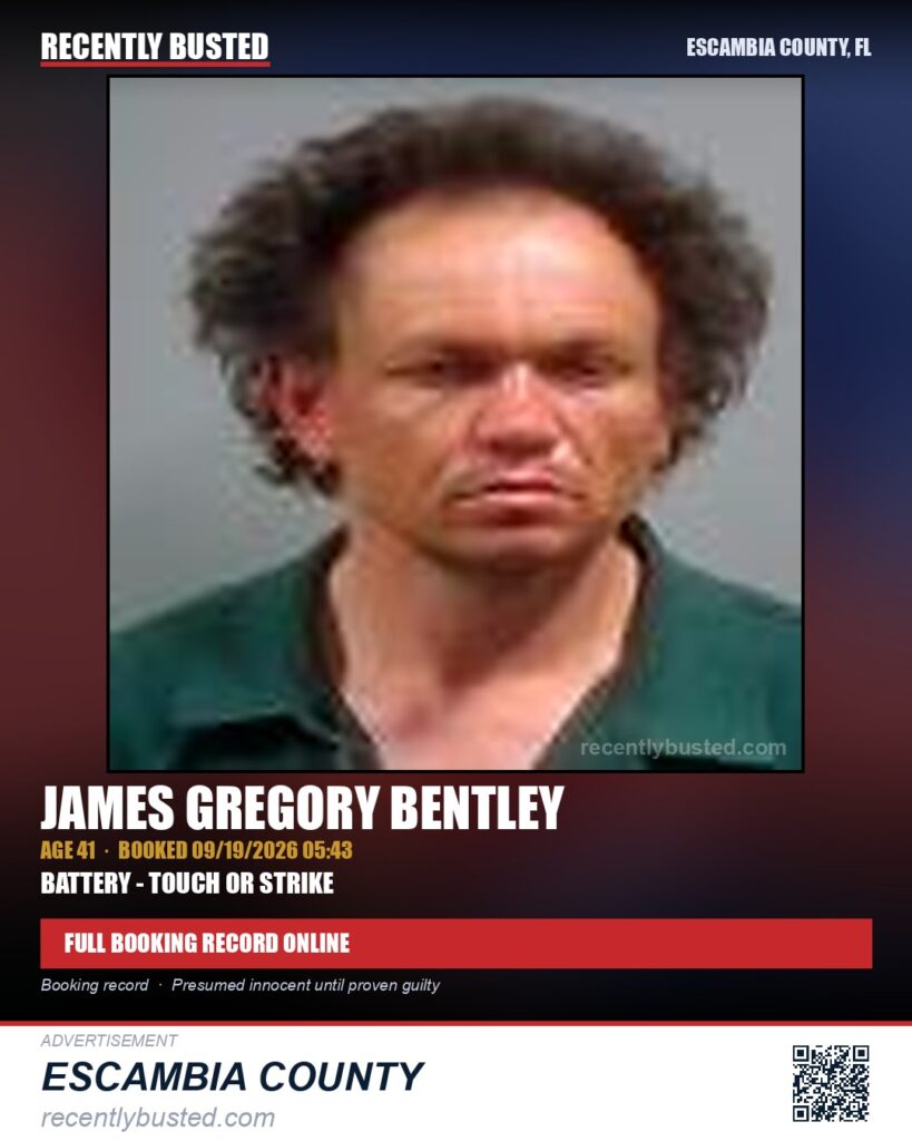 James Gregory Bentley — arrest record card, Escambia County, Florida