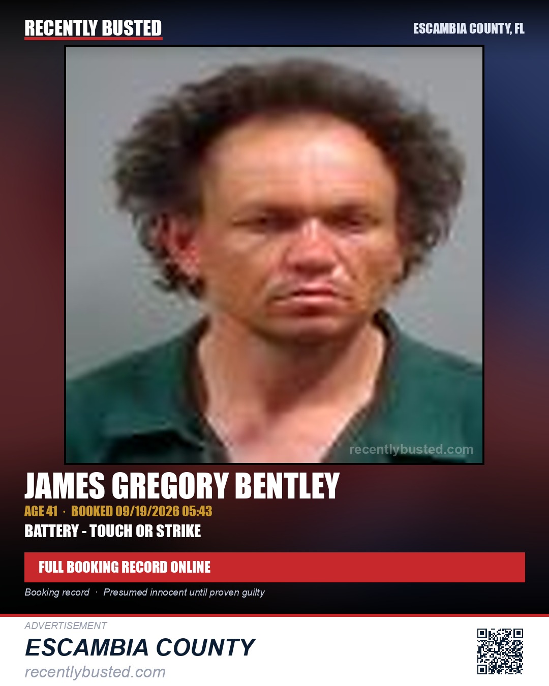 James Gregory Bentley — arrest record card, Escambia County, Florida