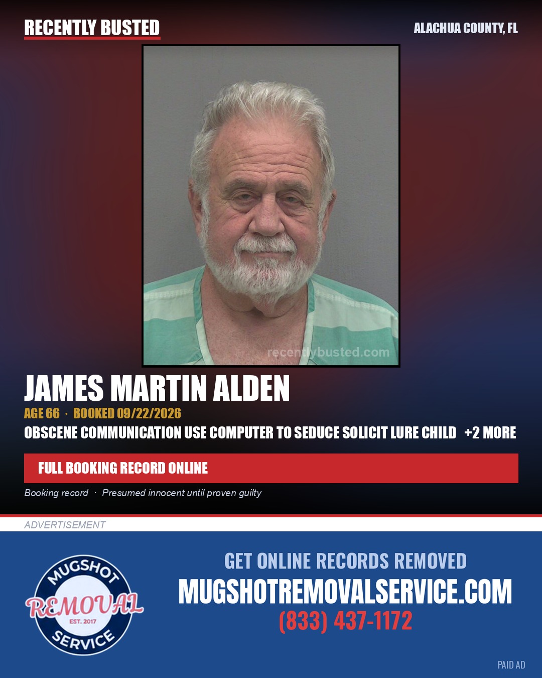 James Martin Alden — arrest record card, Alachua County, Florida