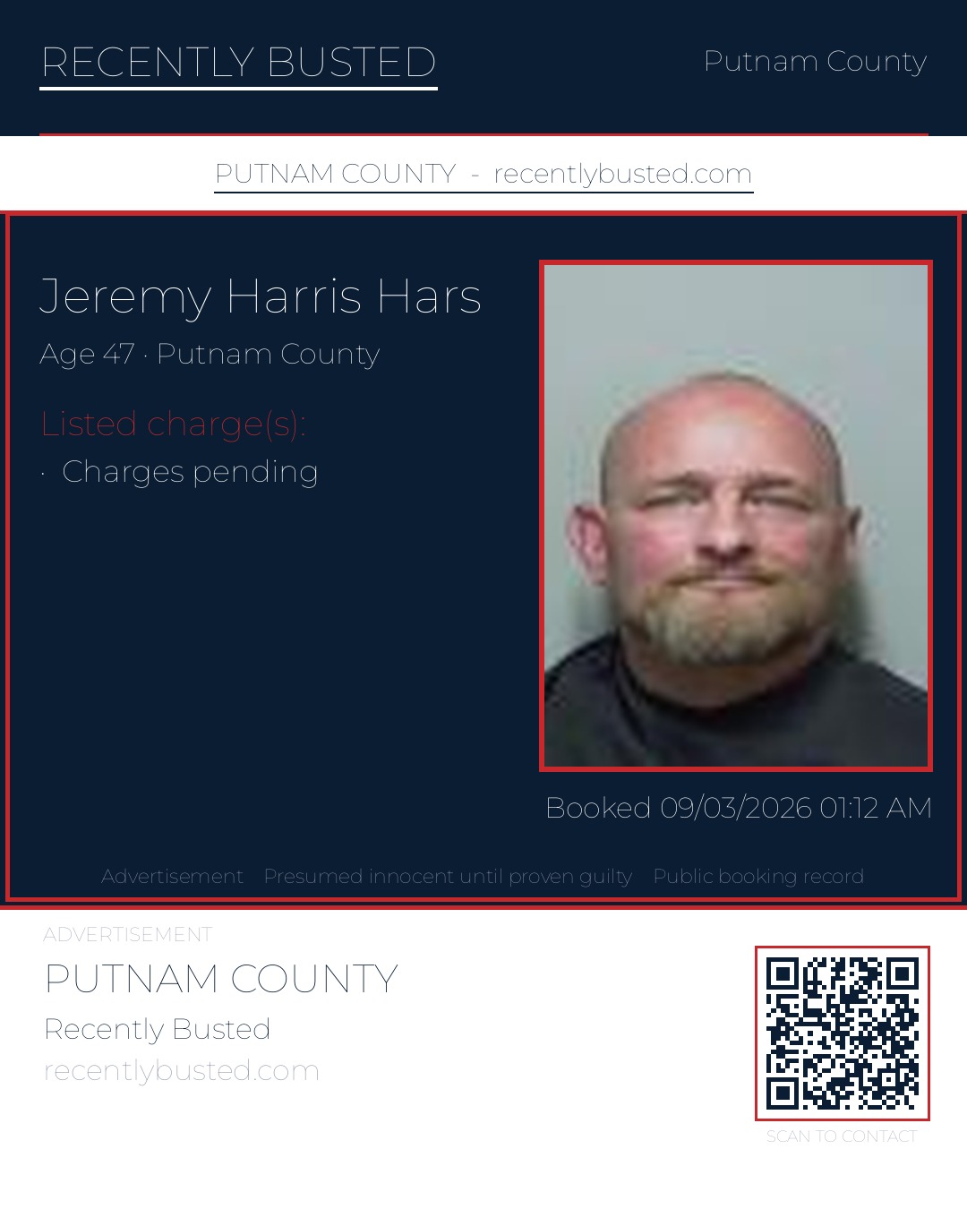 Jeremy Harris Hars — arrest record card, Putnam County, Florida