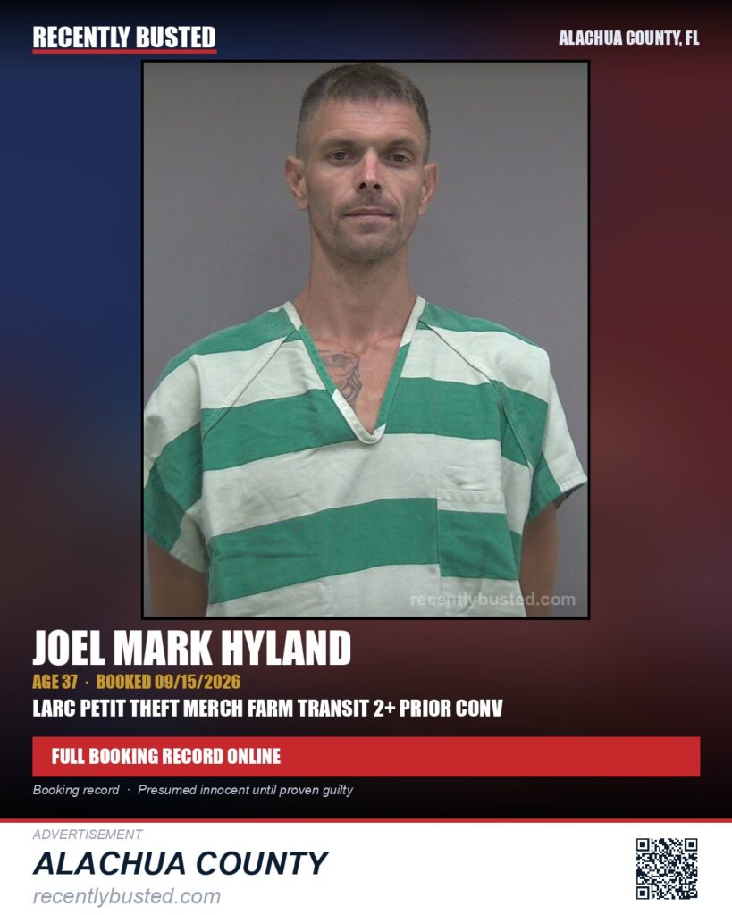 Joel Mark Hyland — arrest record card, Alachua County, Florida