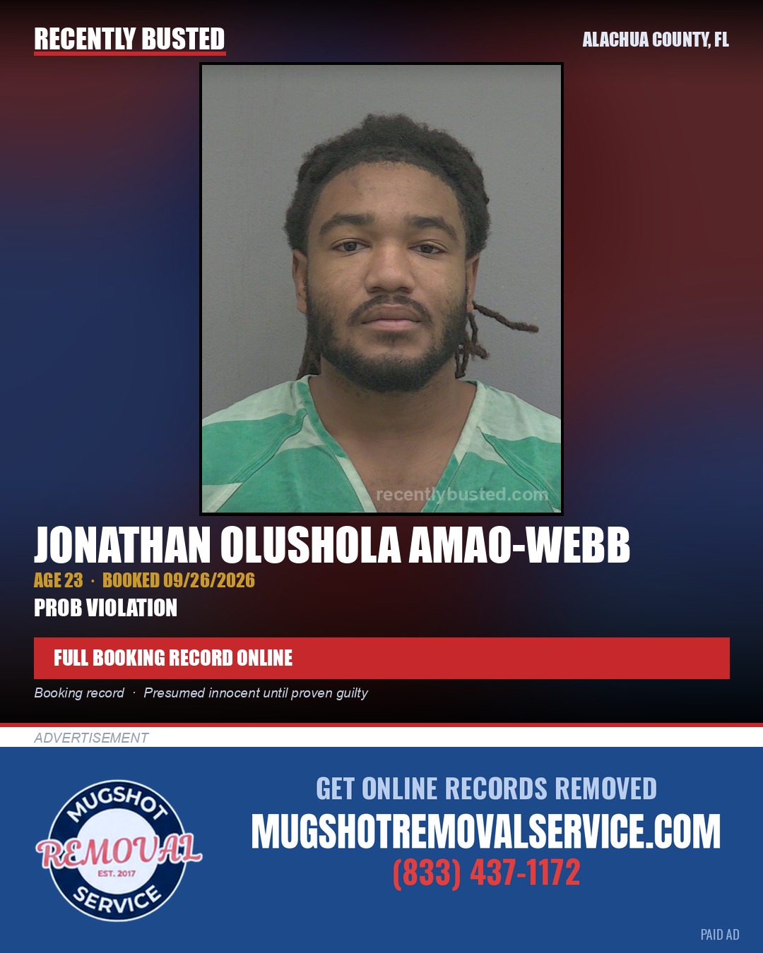 Jonathan Olushola Amao-Webb — arrest record card, Alachua County, Florida