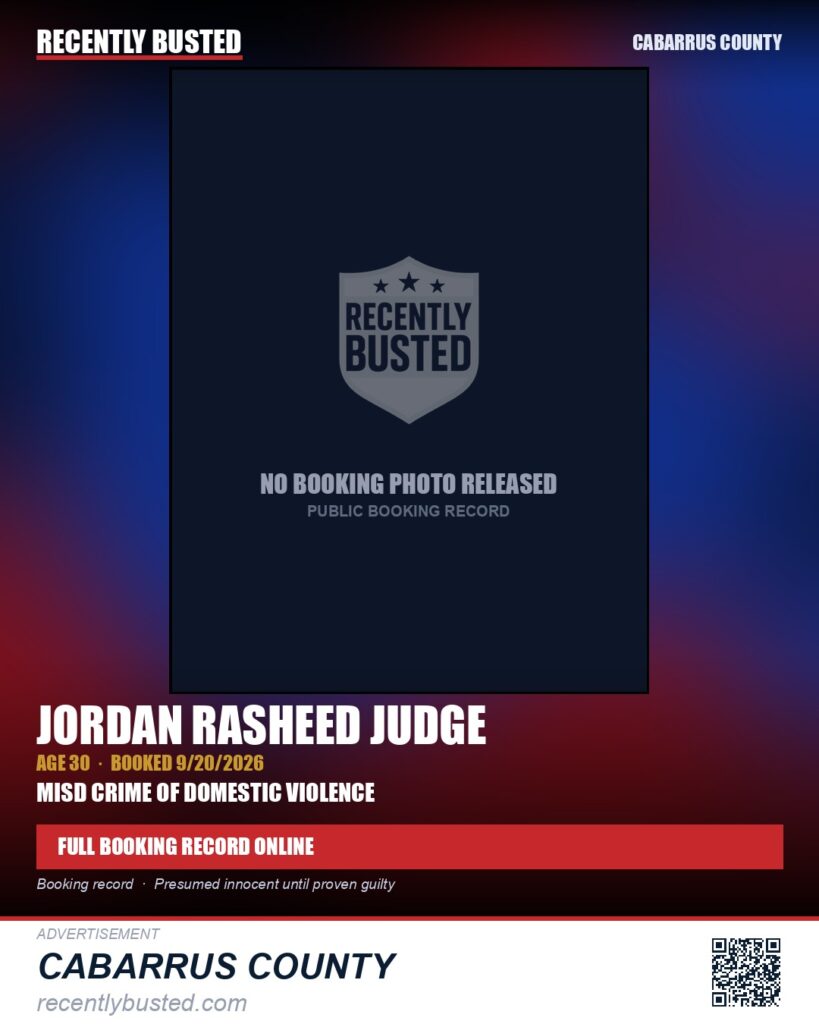 JORDAN RASHEED JUDGE — arrest record card, Cabarrus County