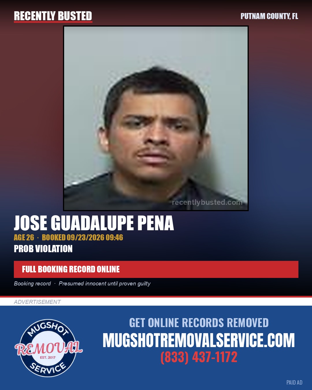 Jose Guadalupe Pena — arrest record card, Putnam County, Florida