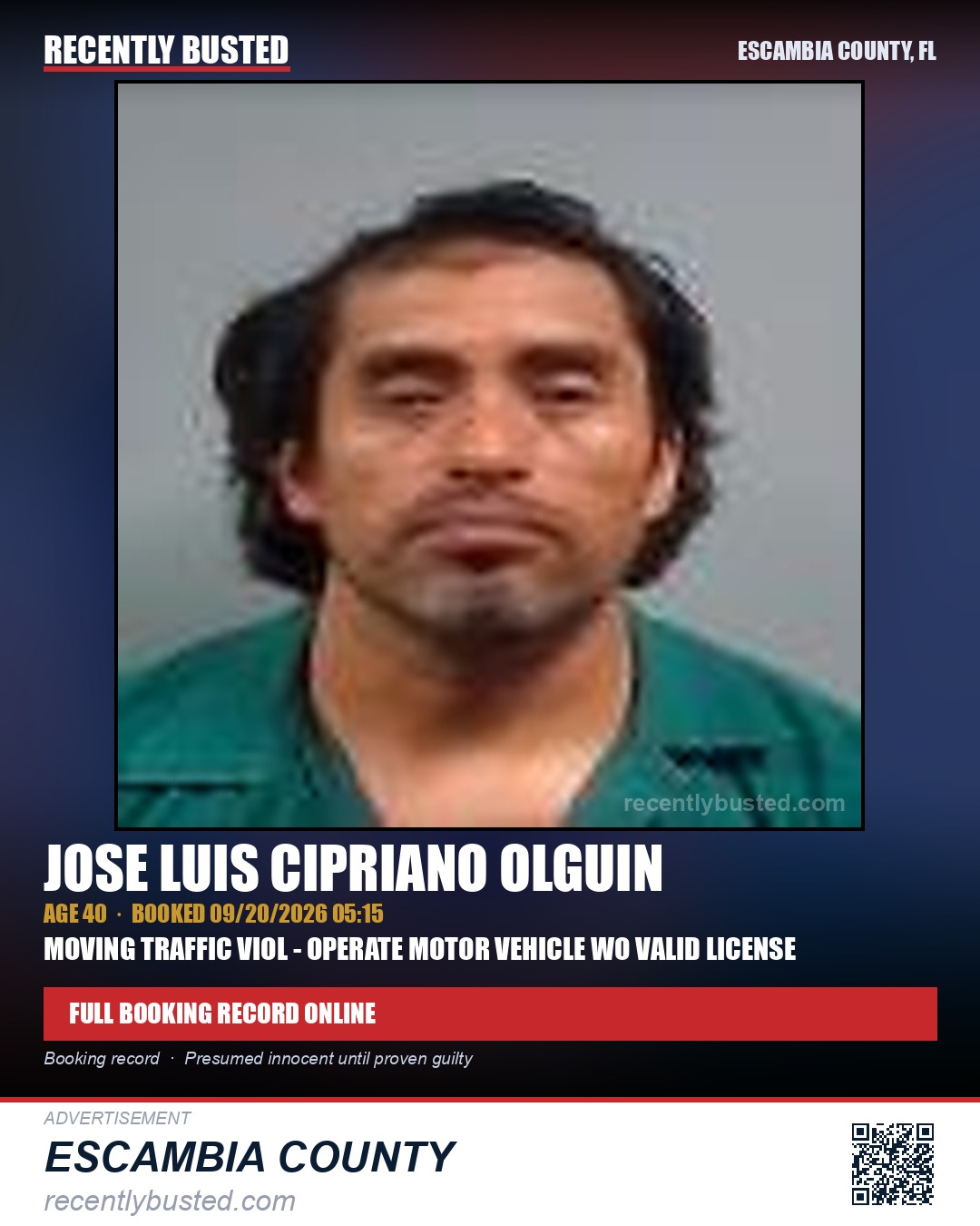 Jose Luis Cipriano Olguin — arrest record card, Escambia County, Florida