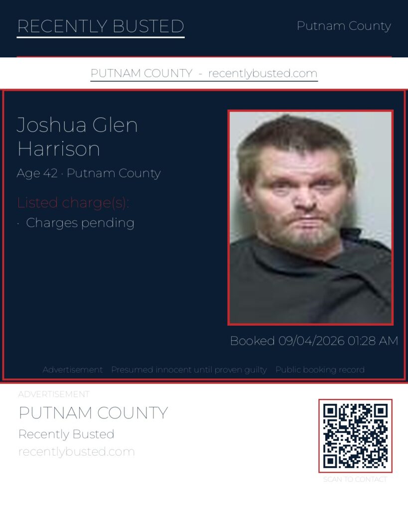 Joshua Glen Harrison — arrest record card, Putnam County, Florida