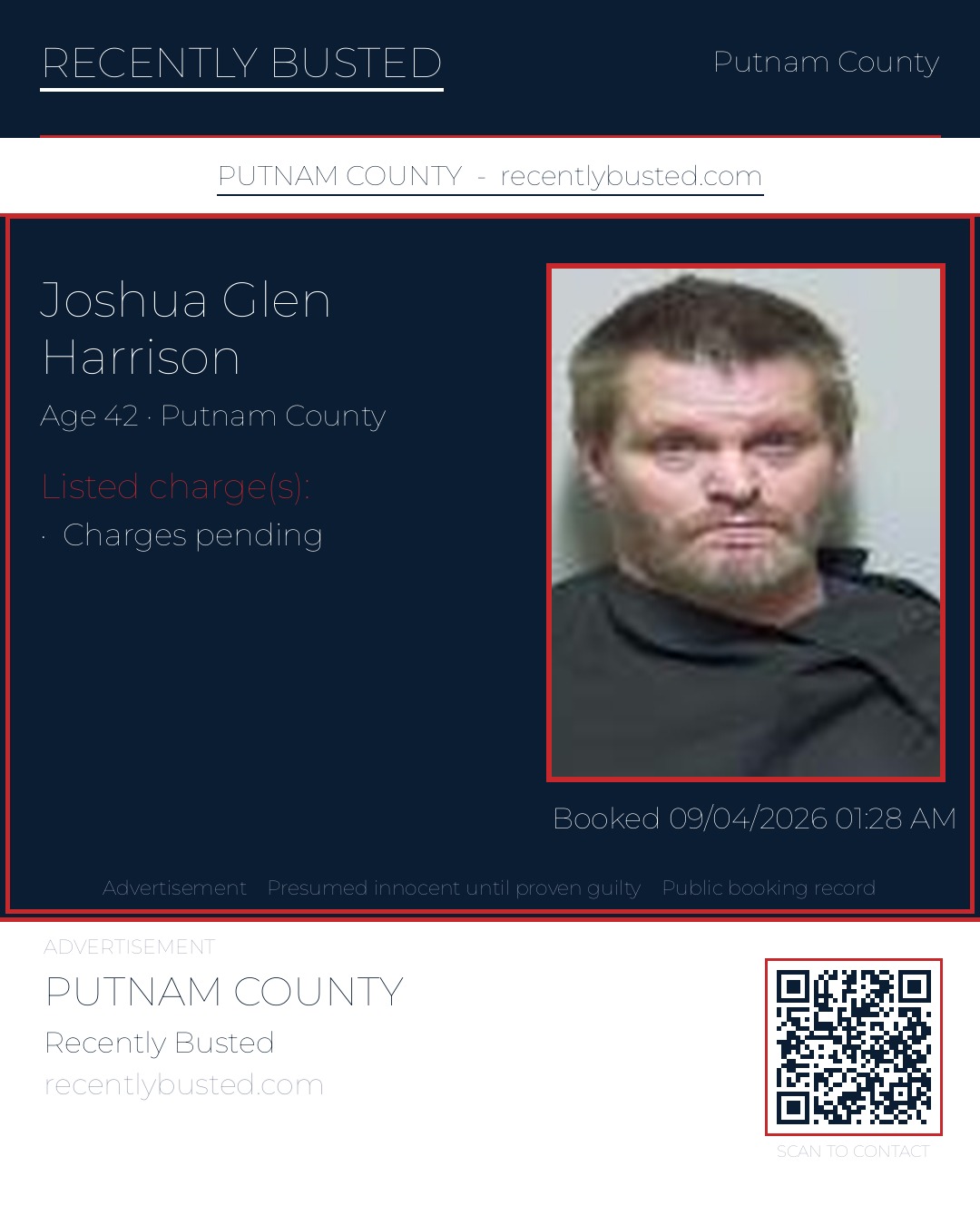 Joshua Glen Harrison — arrest record card, Putnam County, Florida