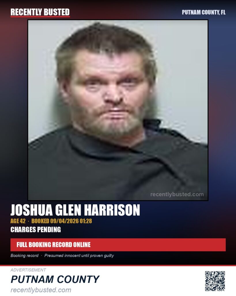 Joshua Glen Harrison — arrest record card, Putnam County, Florida