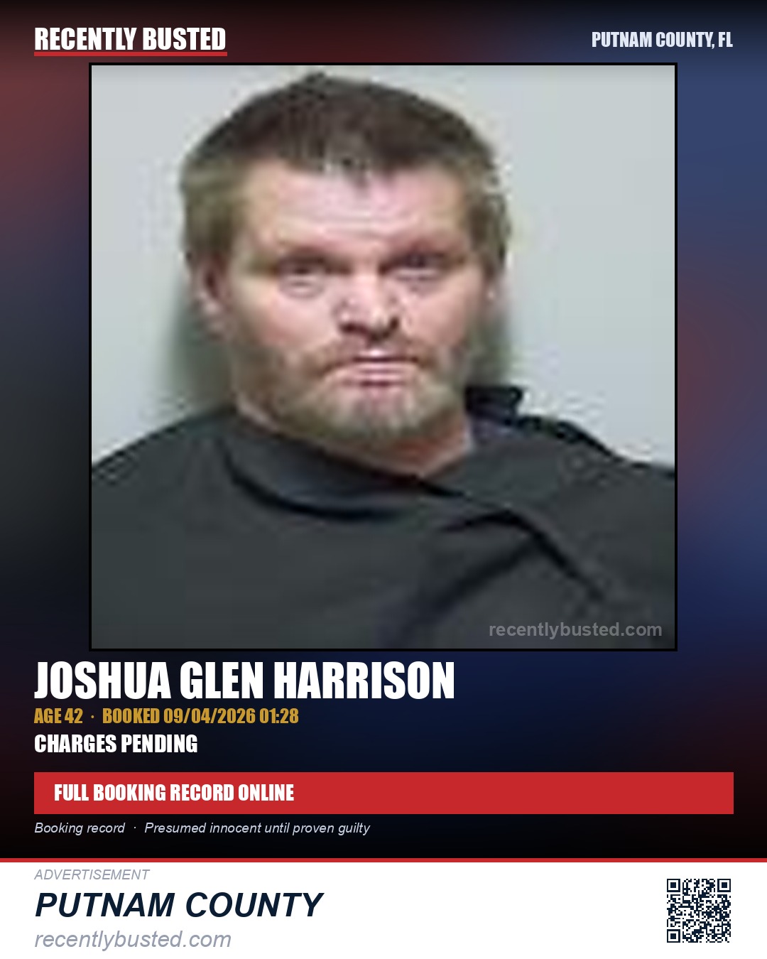 Joshua Glen Harrison — arrest record card, Putnam County, Florida