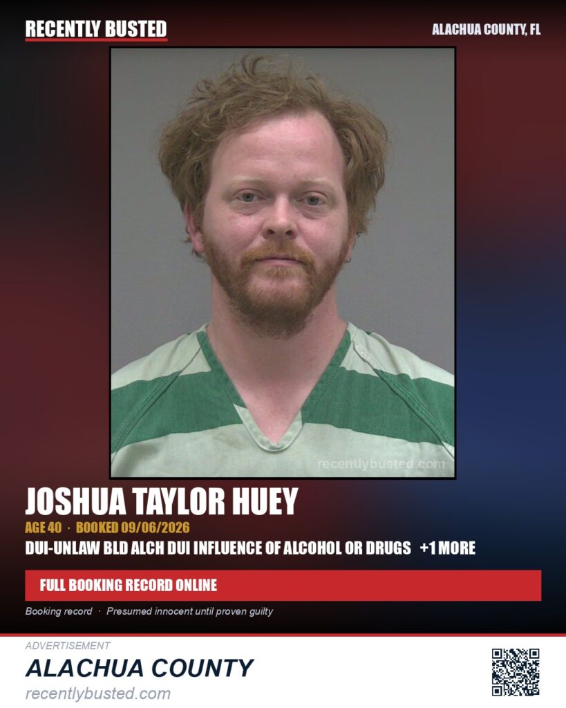 Joshua Taylor Huey — arrest record card, Alachua County, Florida
