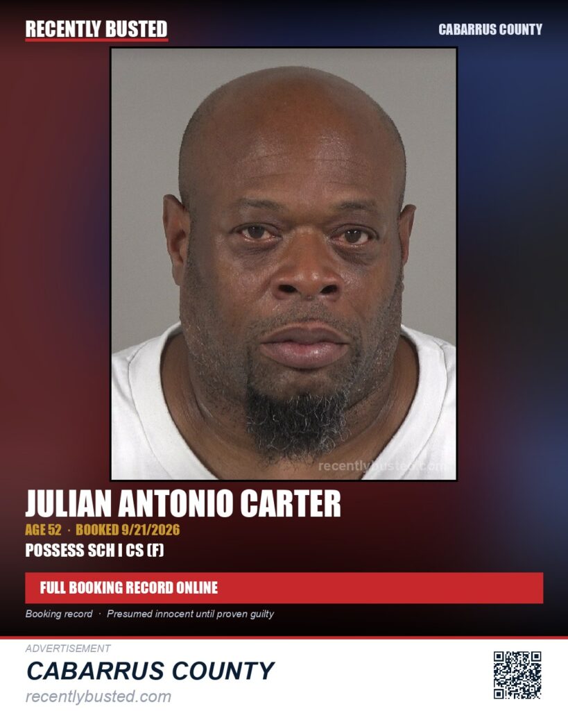 JULIAN ANTONIO CARTER — arrest record card, Cabarrus