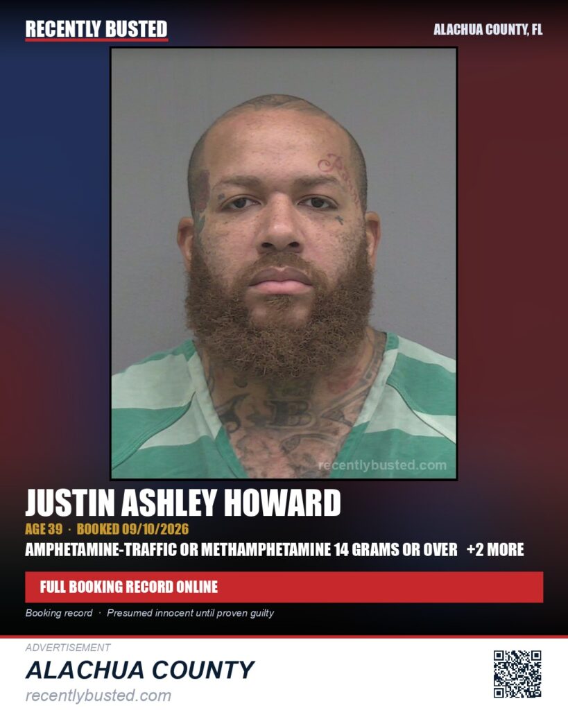 Justin Ashley Howard — arrest record card, Alachua County, Florida