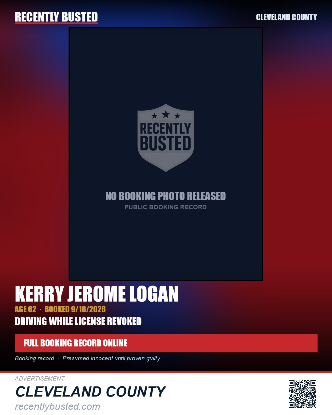 KERRY JEROME LOGAN — arrest record card, Cleveland County