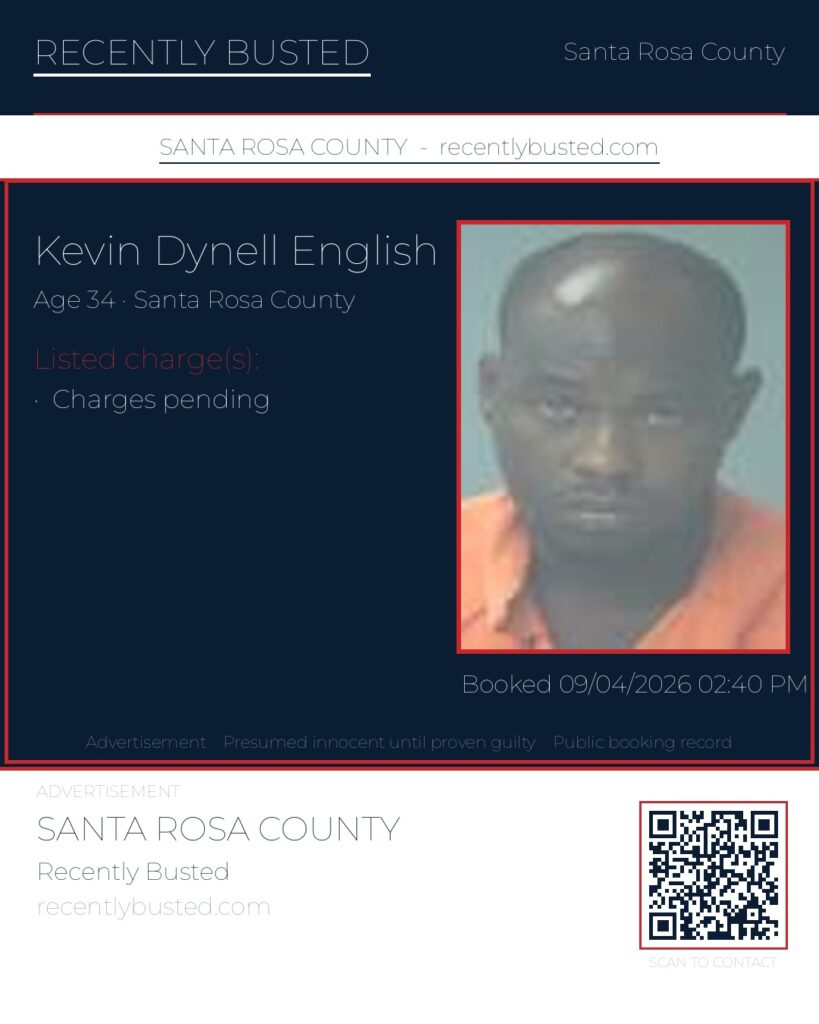Kevin Dynell English — arrest record card, Santa Rosa County, Florida