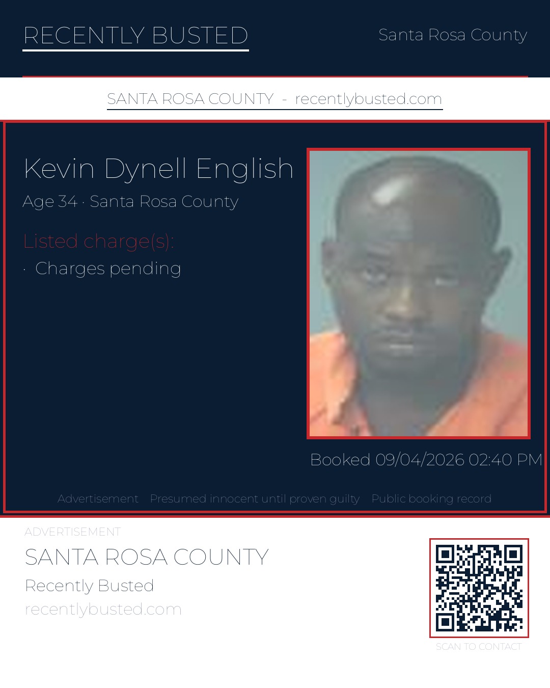 Kevin Dynell English — arrest record card, Santa Rosa County, Florida