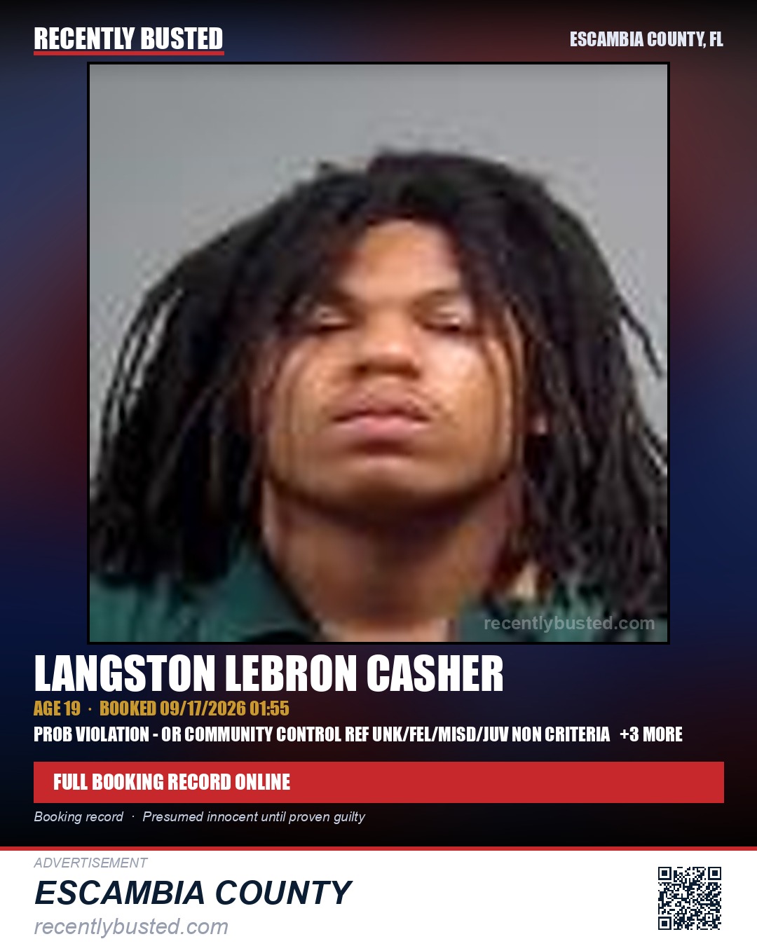 Langston Lebron Casher — arrest record card, Escambia County, Florida