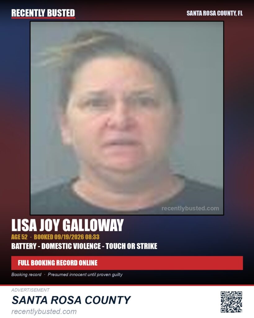 Lisa Joy Galloway — arrest record card, Santa Rosa County, Florida
