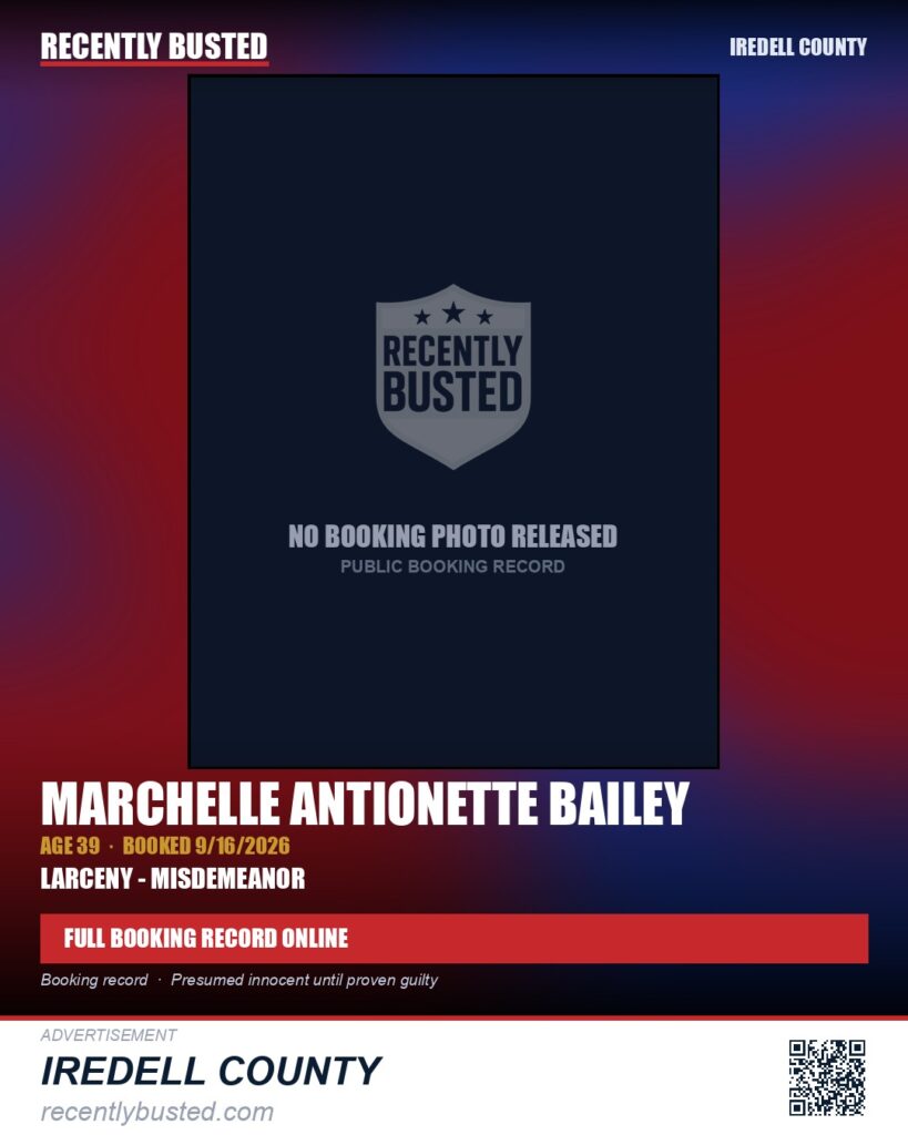 MARCHELLE ANTIONETTE BAILEY — arrest record card, Iredell County