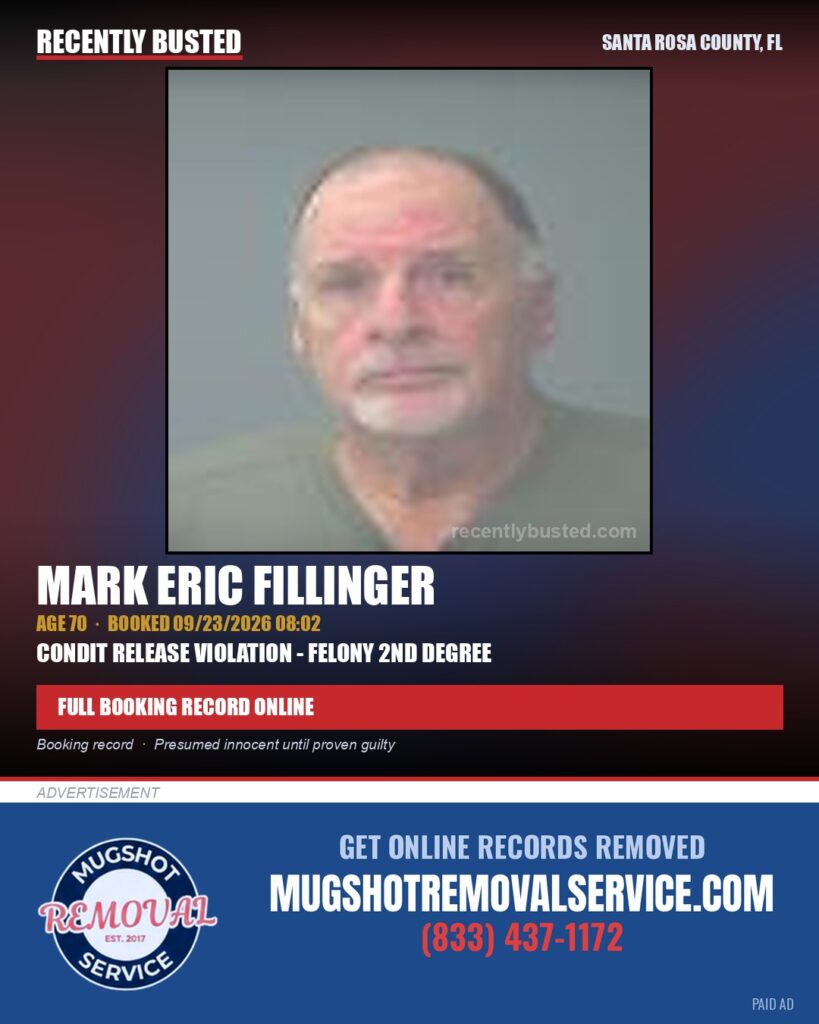 Mark Eric Fillinger — arrest record card, Santa Rosa County, Florida