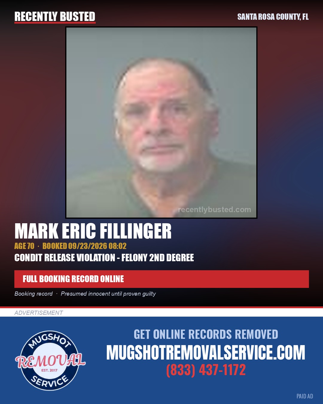 Mark Eric Fillinger — arrest record card, Santa Rosa County, Florida