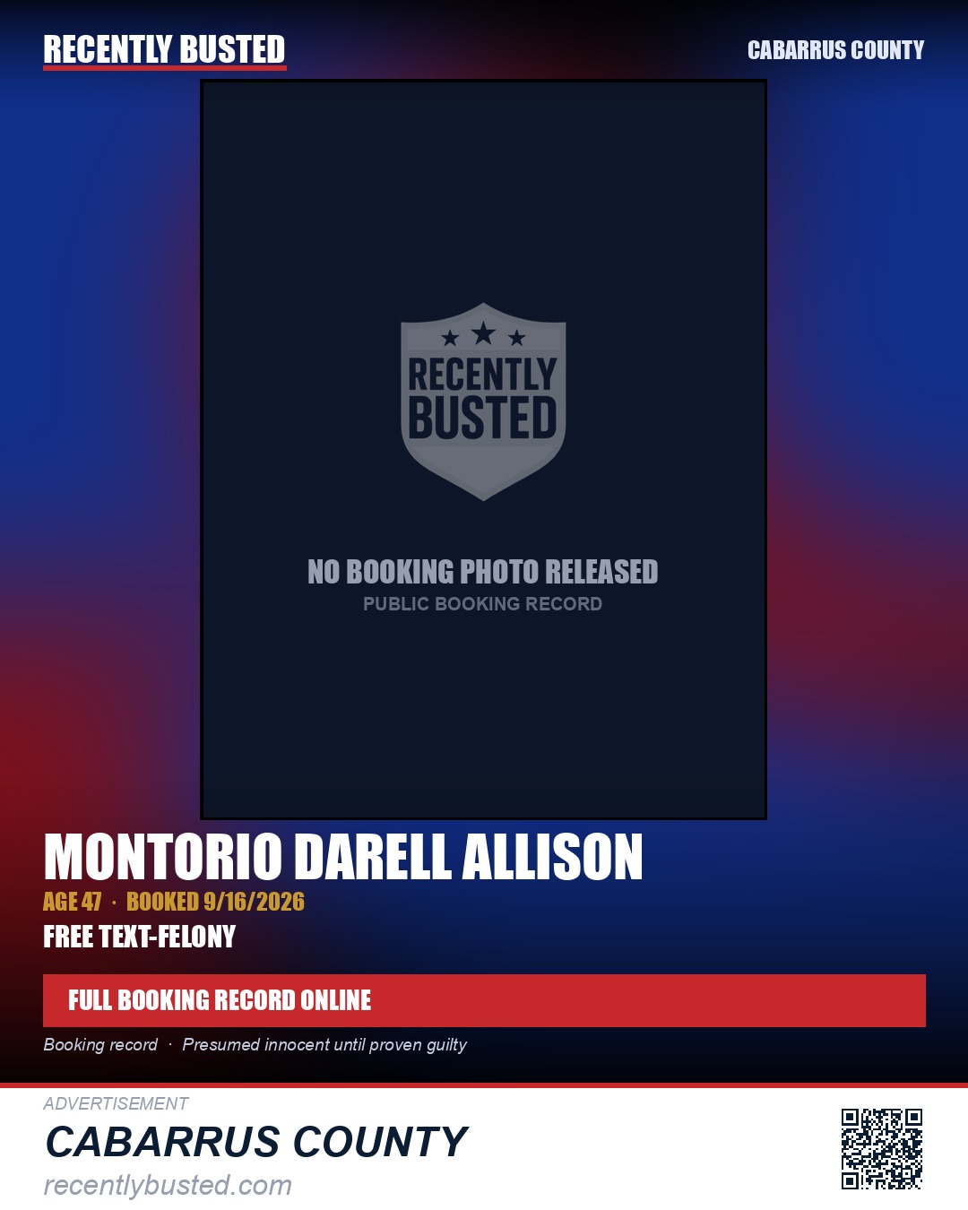 MONTORIO DARELL ALLISON — arrest record card, Cabarrus County