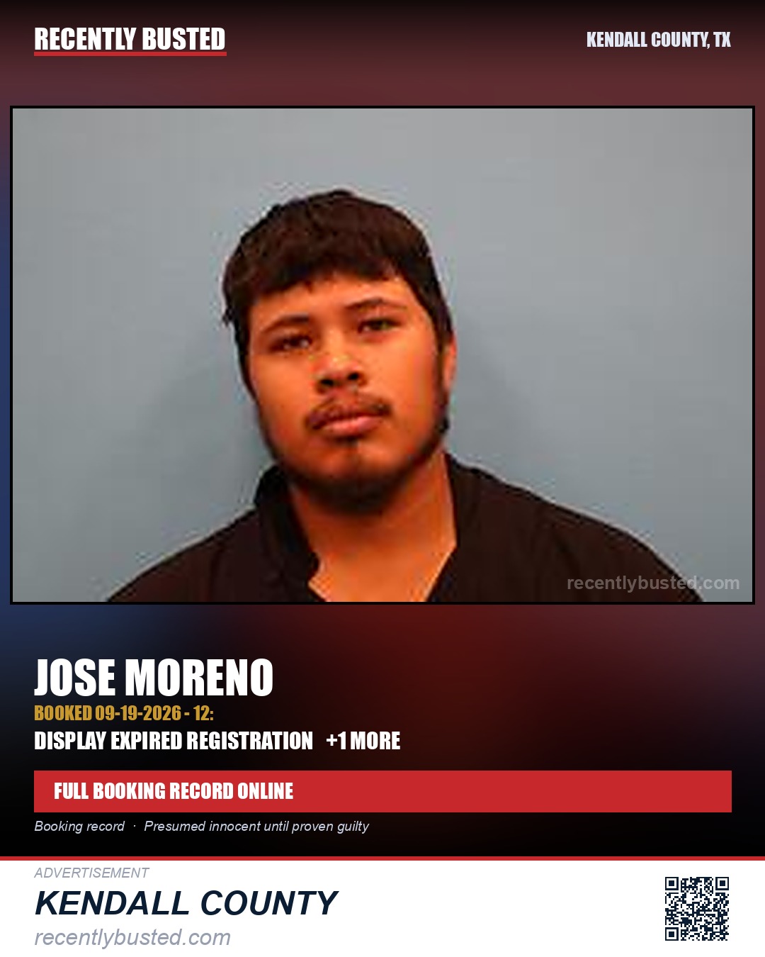 Moreno, Jose — arrest record card, Kendall County, Texas