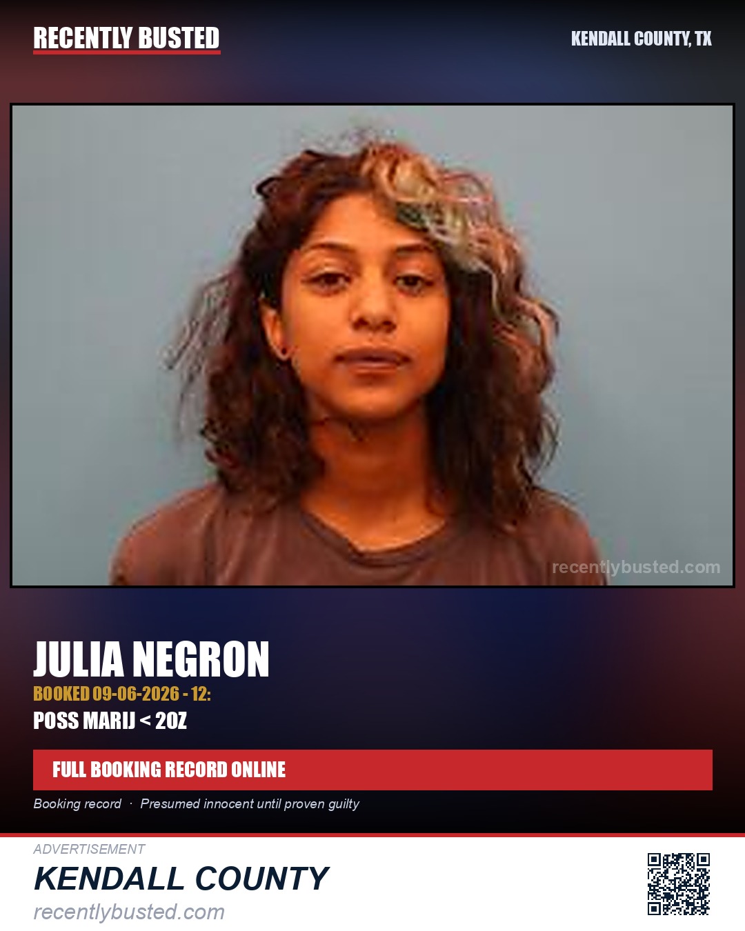 Negron, Julia — arrest record card, Kendall County, Texas