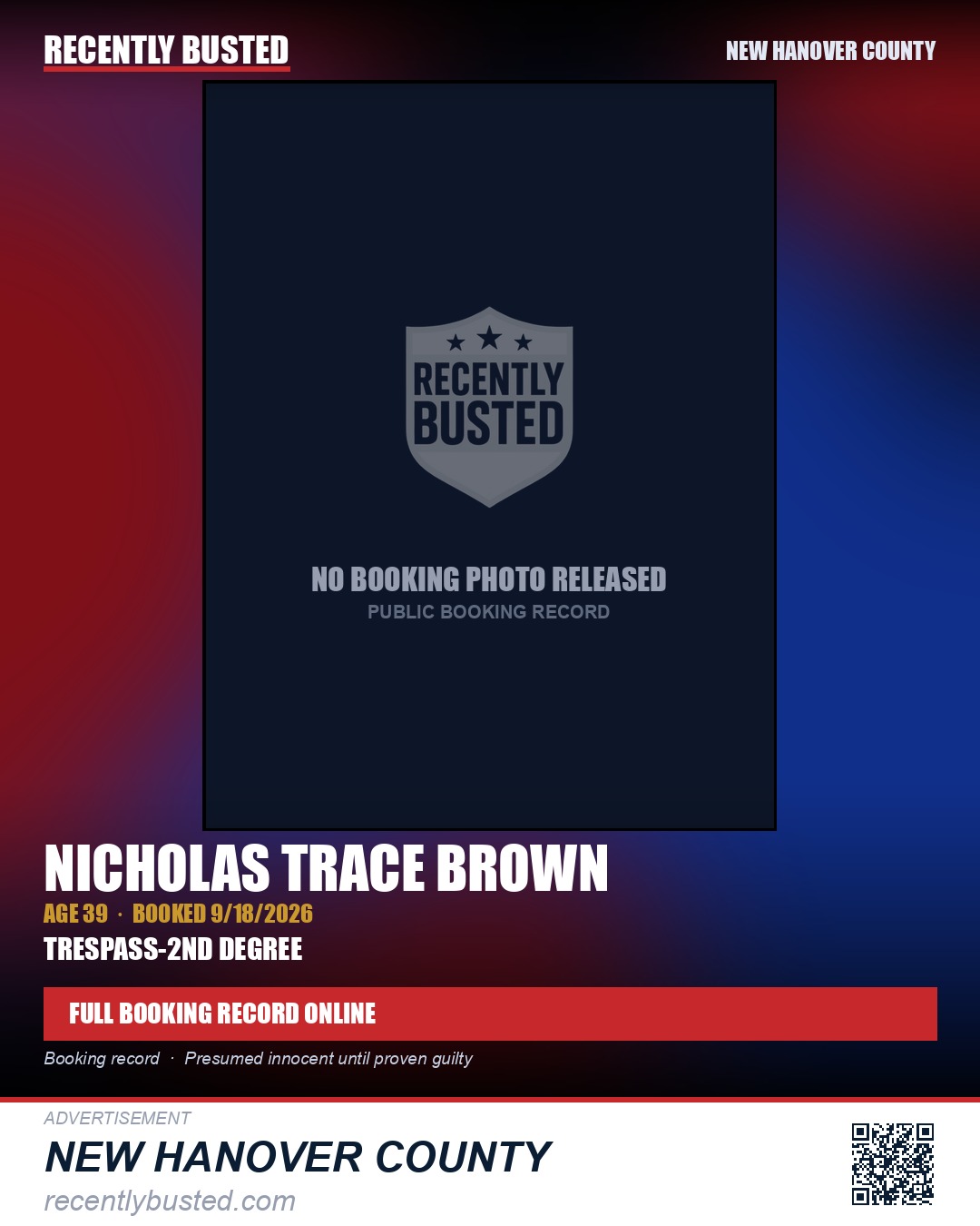 NICHOLAS TRACE BROWN — arrest record card, New Hanover County