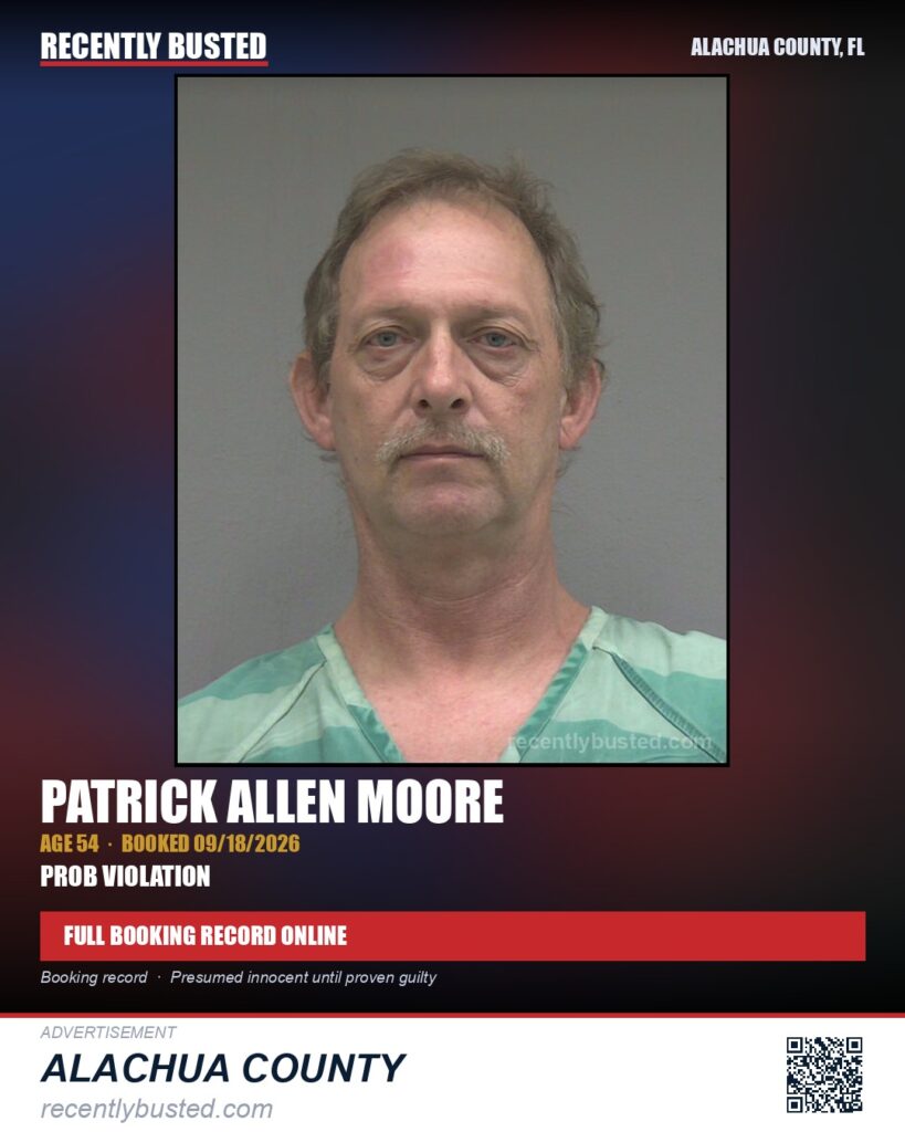 Patrick Allen Moore — arrest record card, Alachua County, Florida