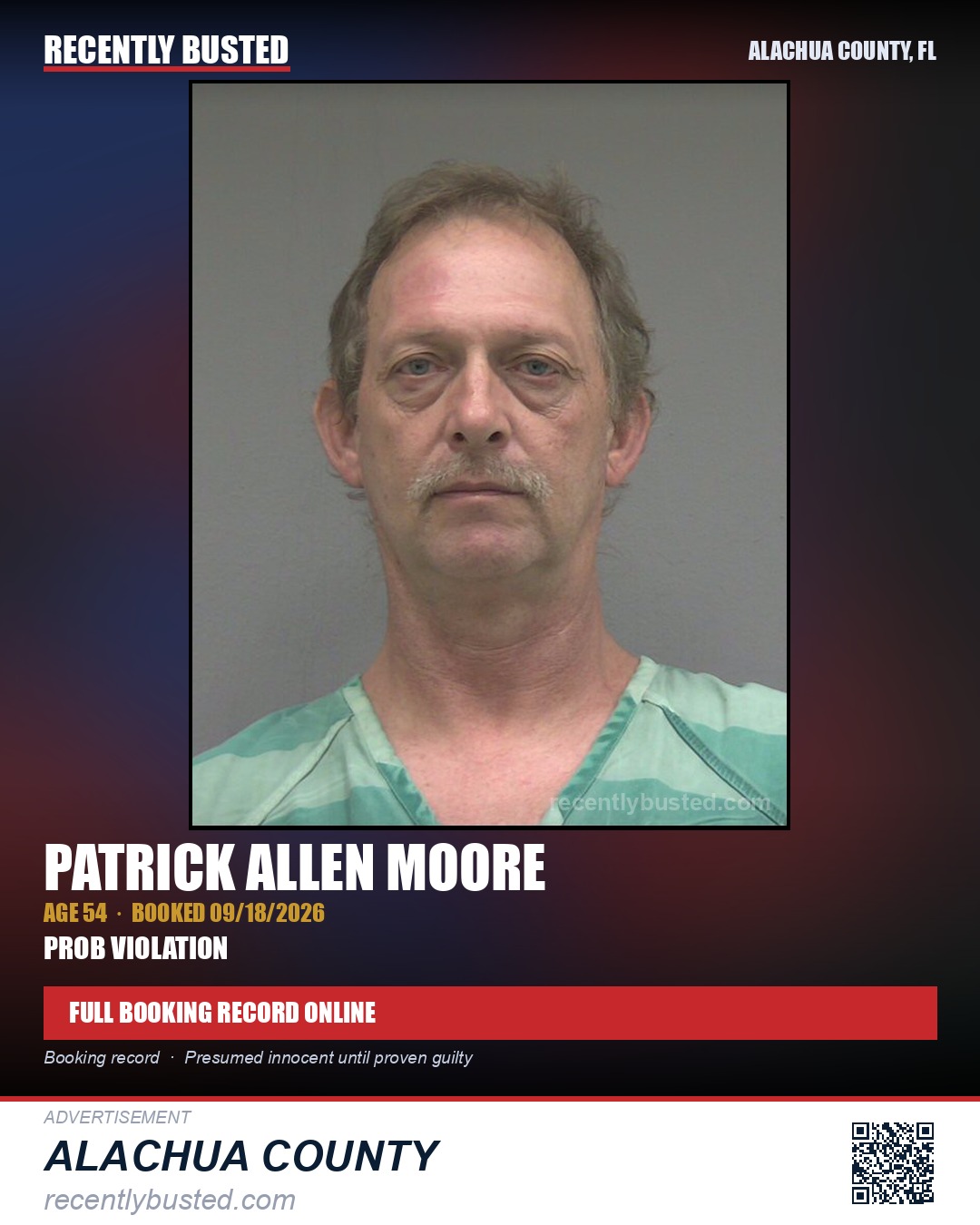 Patrick Allen Moore — arrest record card, Alachua County, Florida