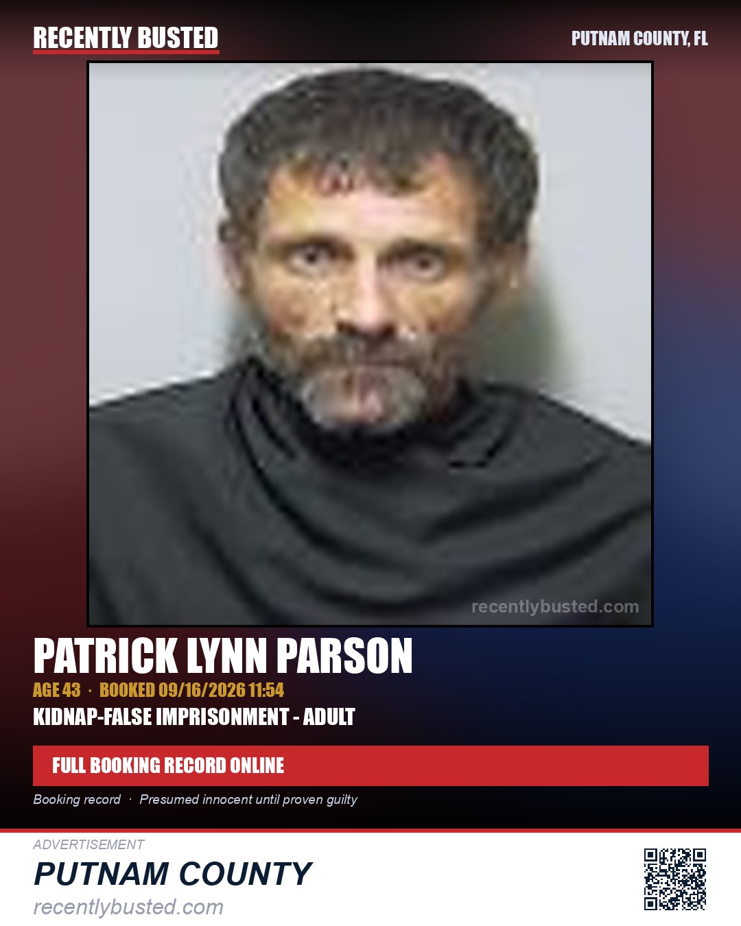 Patrick Lynn Parson — arrest record card, Putnam County, Florida