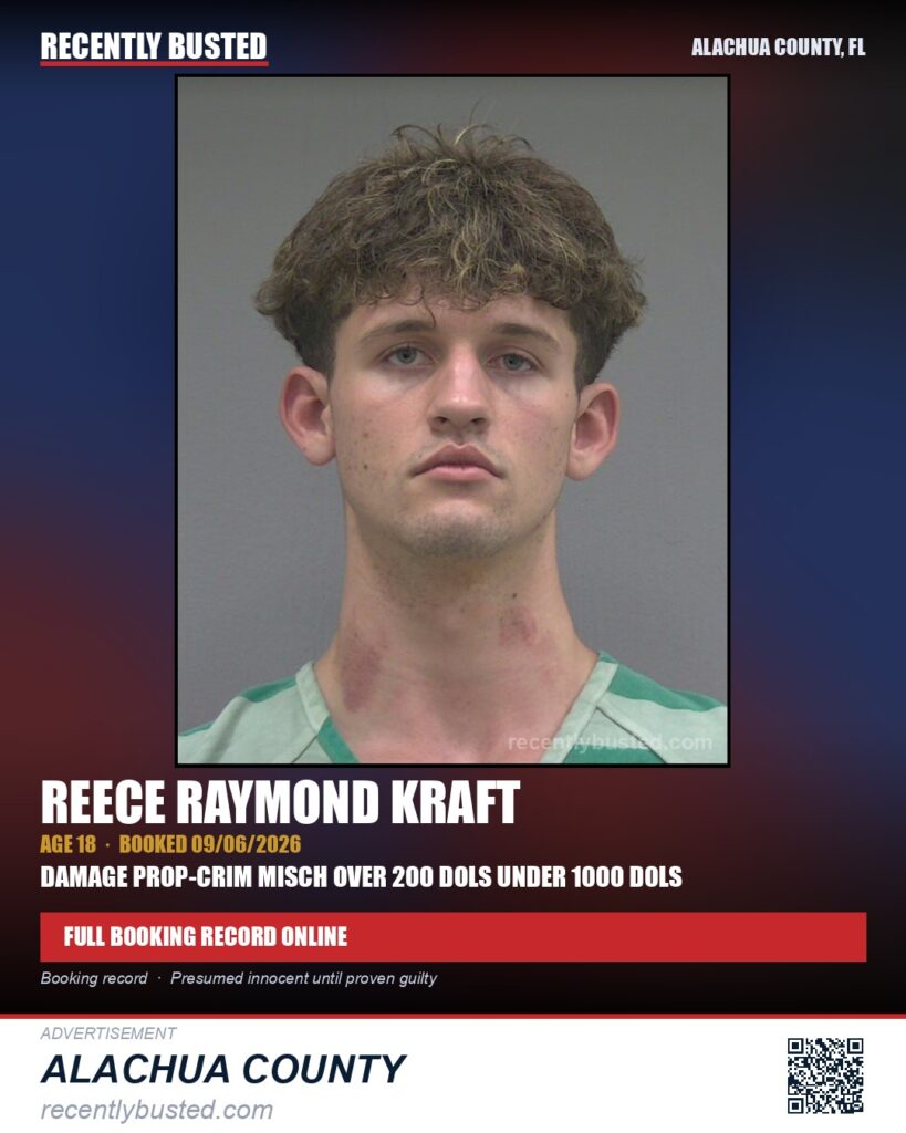 Reece Raymond Kraft — arrest record card, Alachua County, Florida