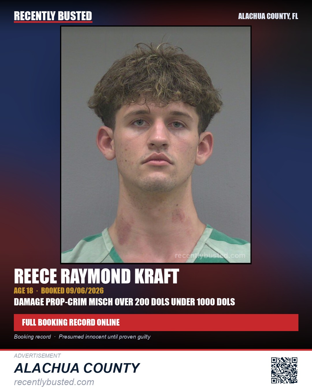 Reece Raymond Kraft — arrest record card, Alachua County, Florida