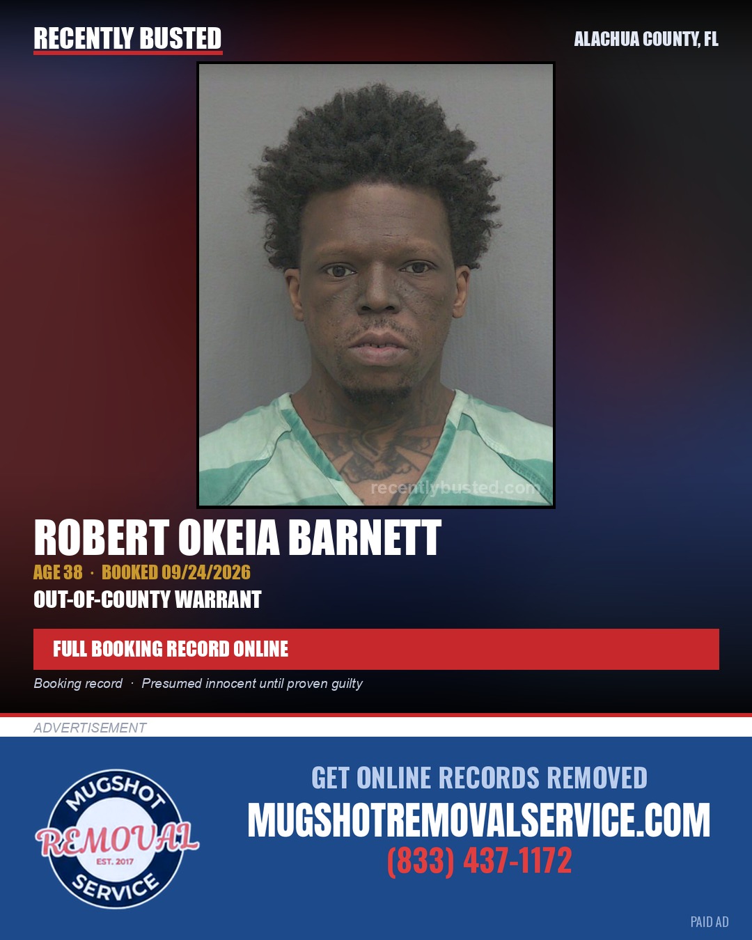 Robert Okeia Barnett — arrest record card, Alachua County, Florida