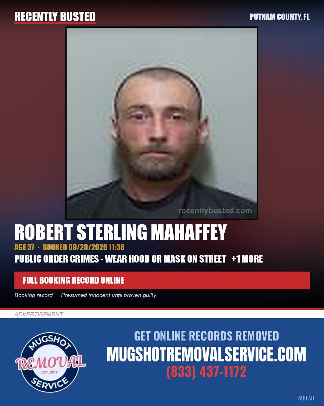 Robert Sterling Mahaffey — arrest record card, Putnam County, Florida