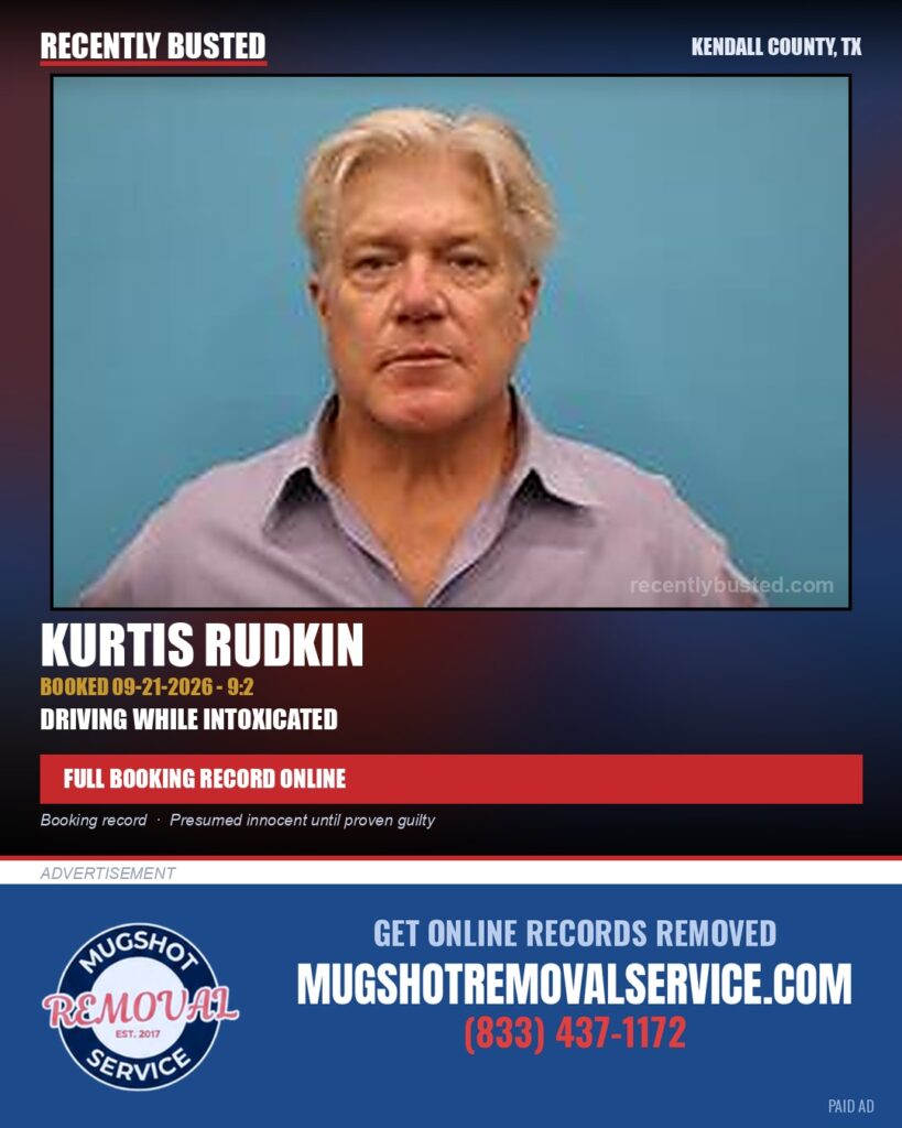 Rudkin, Kurtis — arrest record card, Kendall County, Texas