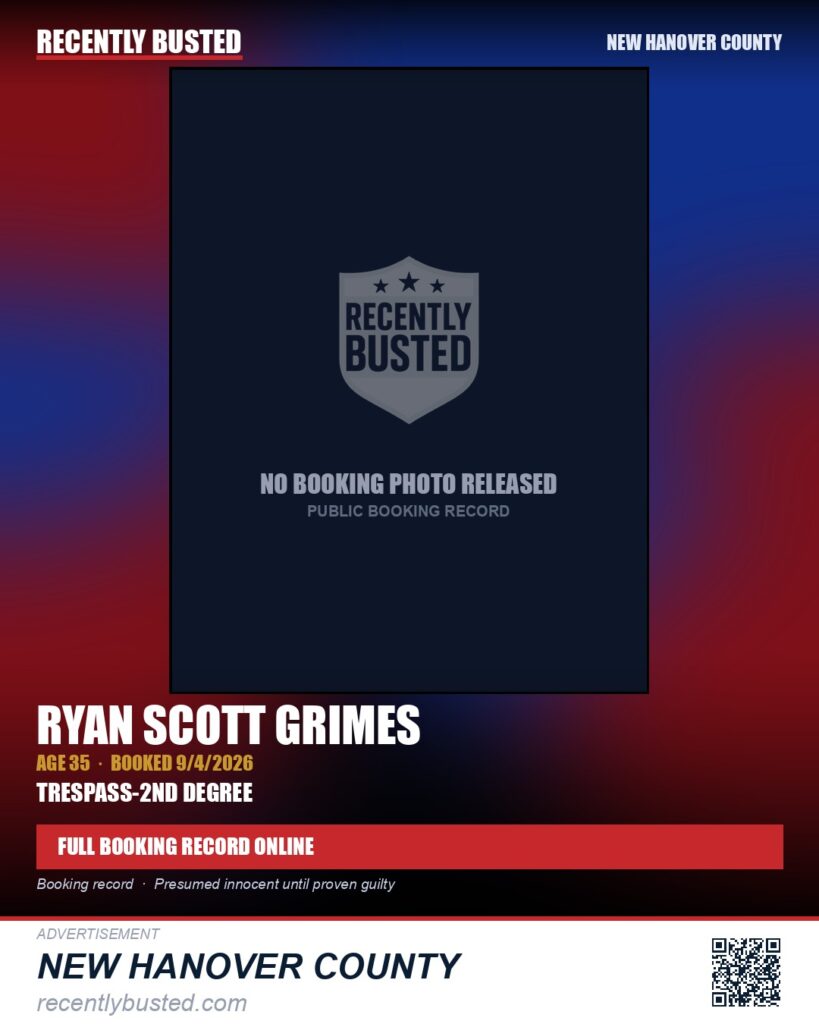 RYAN SCOTT GRIMES — arrest record card, New Hanover