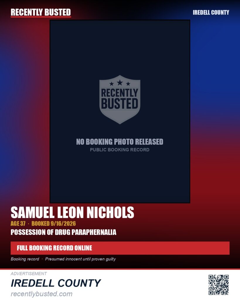 SAMUEL LEON NICHOLS — arrest record card, Iredell County