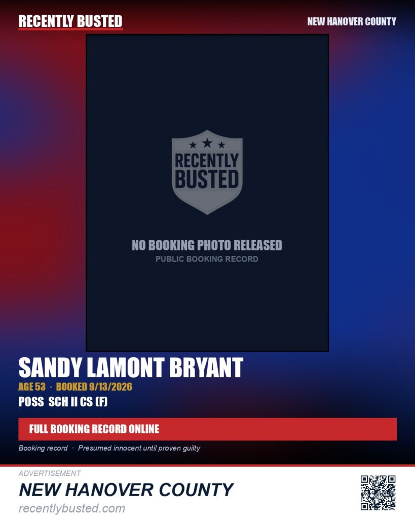 SANDY LAMONT BRYANT — arrest record card, New Hanover County