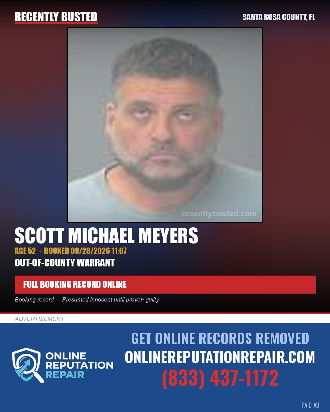 Scott Michael Meyers — arrest record card, Santa Rosa County, Florida