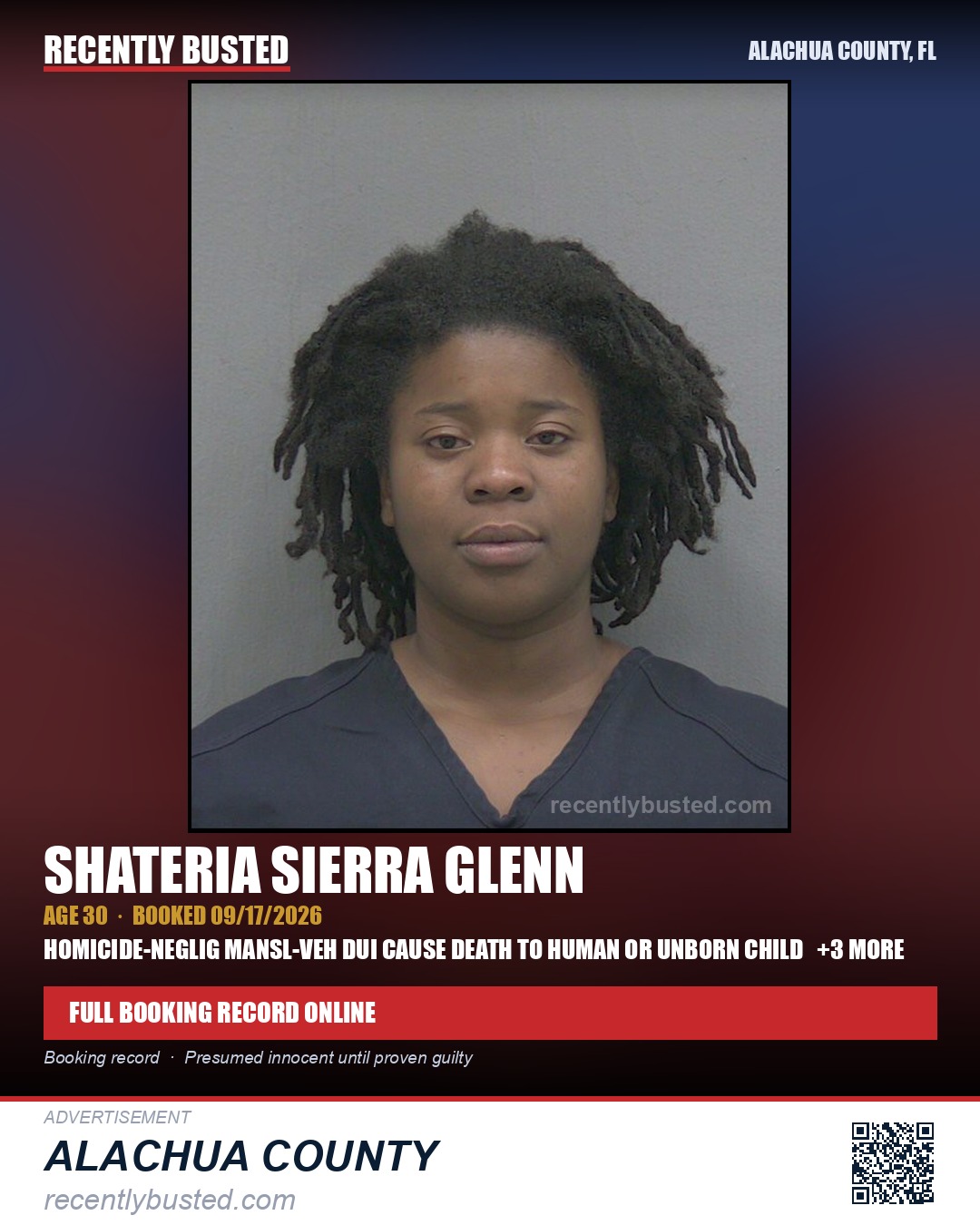 Shateria Sierra Glenn — arrest record card, Alachua County, Florida