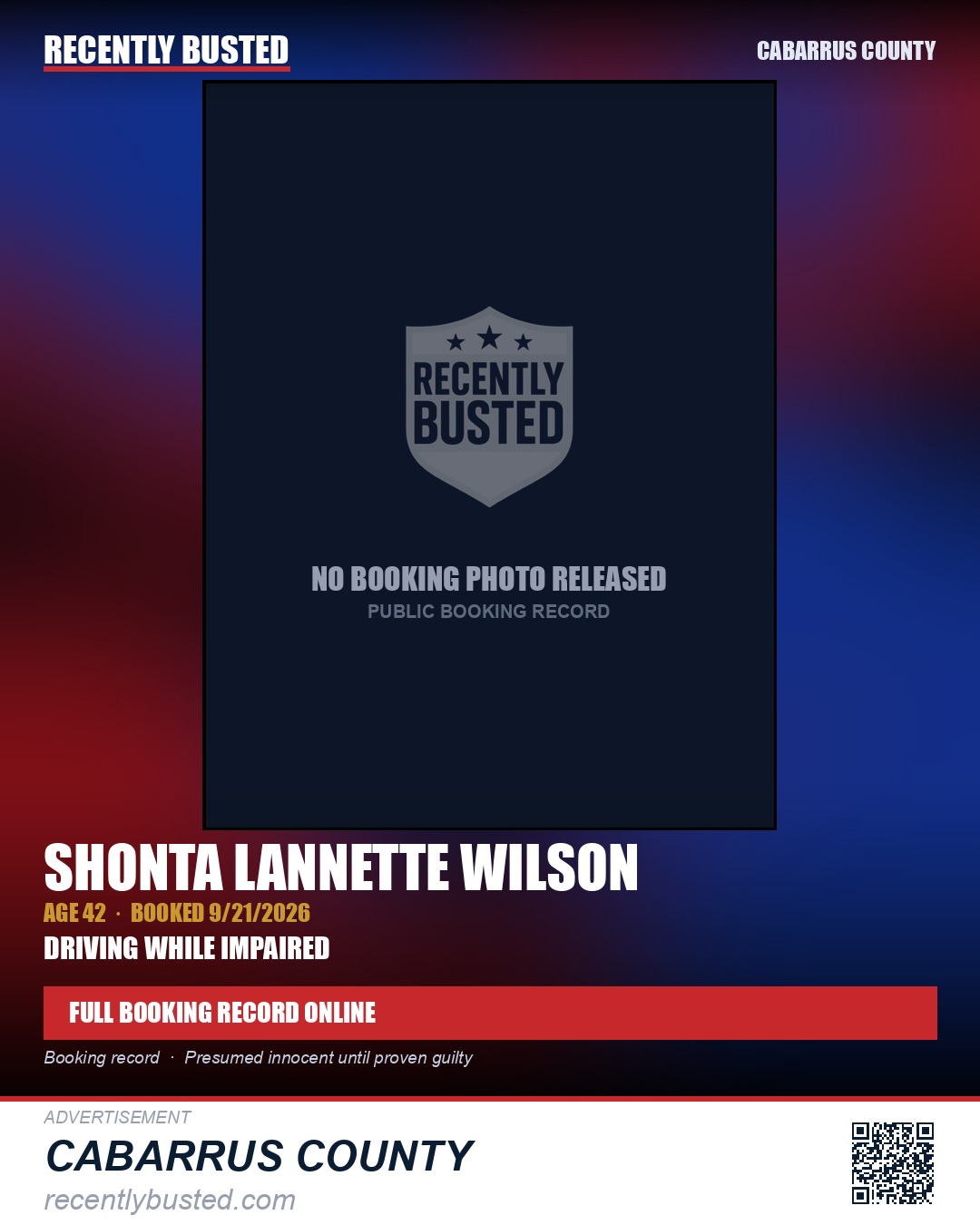 SHONTA LANNETTE WILSON — arrest record card, Cabarrus County