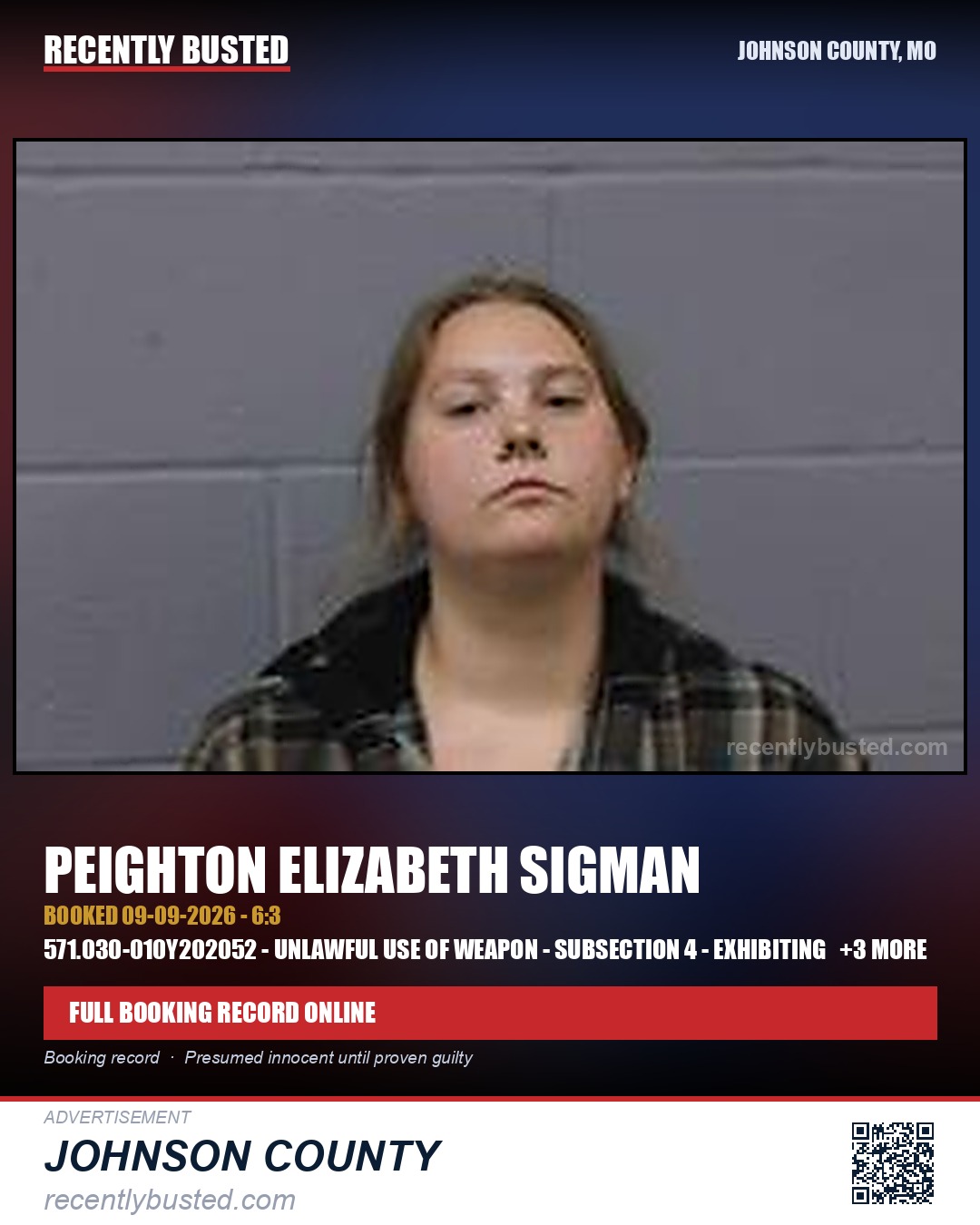 SIGMAN, PEIGHTON ELIZABETH — arrest record card, Johnson County, Missouri