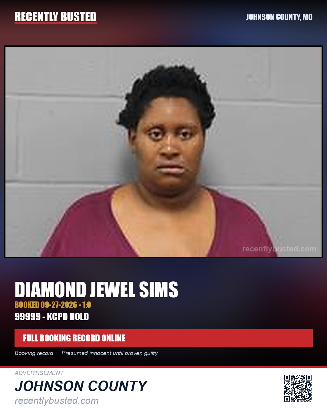 SIMS, DIAMOND JEWEL — arrest record card, Johnson County, Missouri
