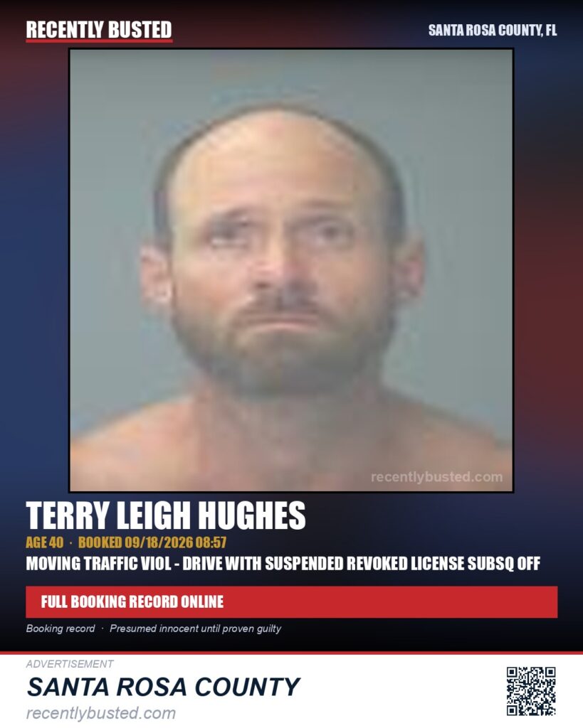 Terry Leigh Hughes — arrest record card, Santa Rosa County, Florida
