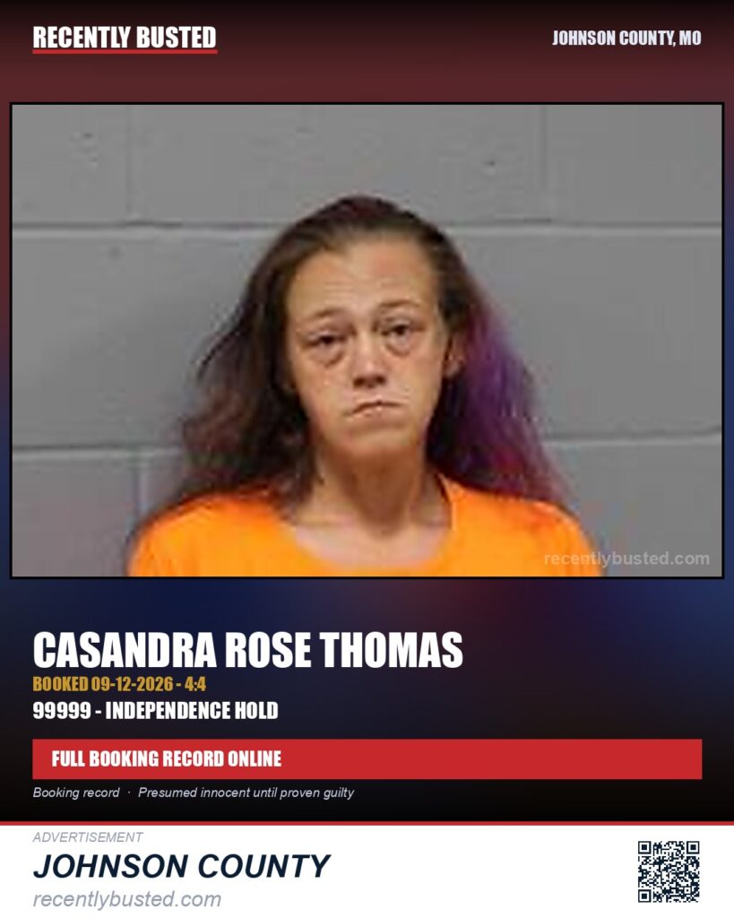 THOMAS, CASANDRA ROSE — arrest record card, Johnson County, Missouri