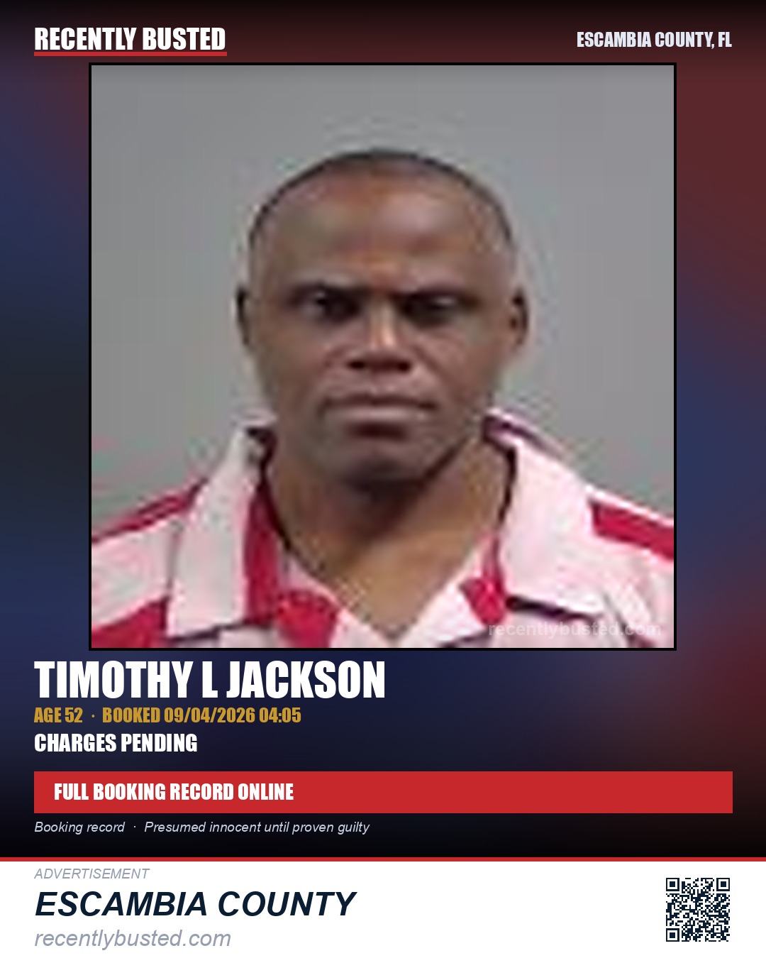 Timothy L Jackson — arrest record card, Escambia County, Florida