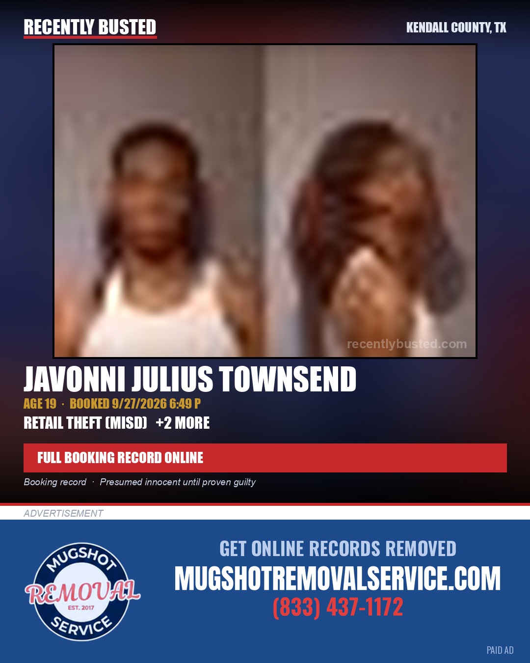 TOWNSEND, JAVONNI JULIUS — arrest record card, Kendall County, Illinois